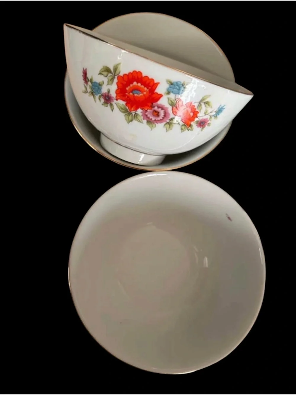 Porcelain Floral Serving Bowls & Spoons Set - White with Red Floral Accent